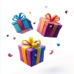 Three colorful gift boxes floating in the air with confetti 
