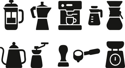 Fototapeta premium Coffee Brewing Tools Icons – 10 Solid Black Silhouette Vector Icons for Barista and Café Design