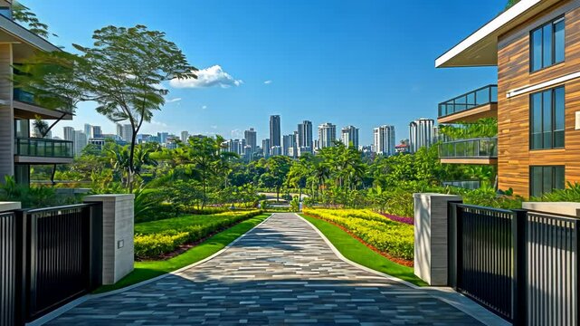 Luxurious gated community pathway leading to city skyline