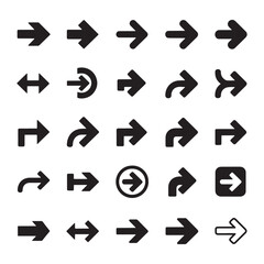Vector arrow icon set features various black arrow symbols for web design, including forward, next, up, down, and play buttons, plus direction pointers and cursor shapes
