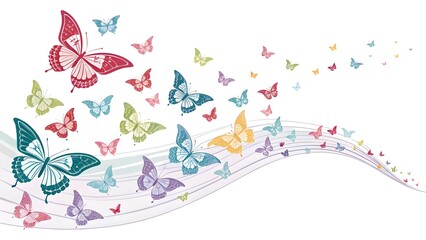 butterflies flying in wave like pattern with white backdrop , a sense of movement and freedom