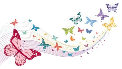 Fototapeta premium butterflies flying in wave like pattern with white backdrop , a sense of movement and freedom