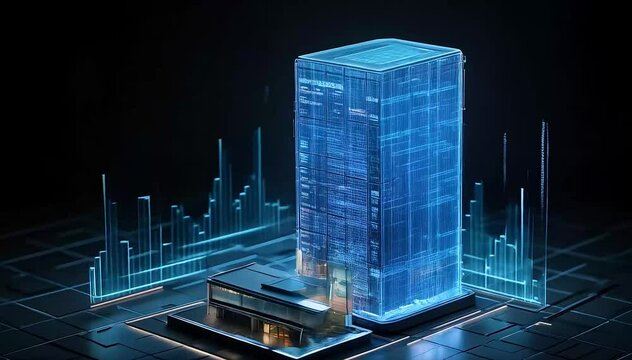 Futuristic holographic building data visualization with glowing graphs and code - Powered by Adobe