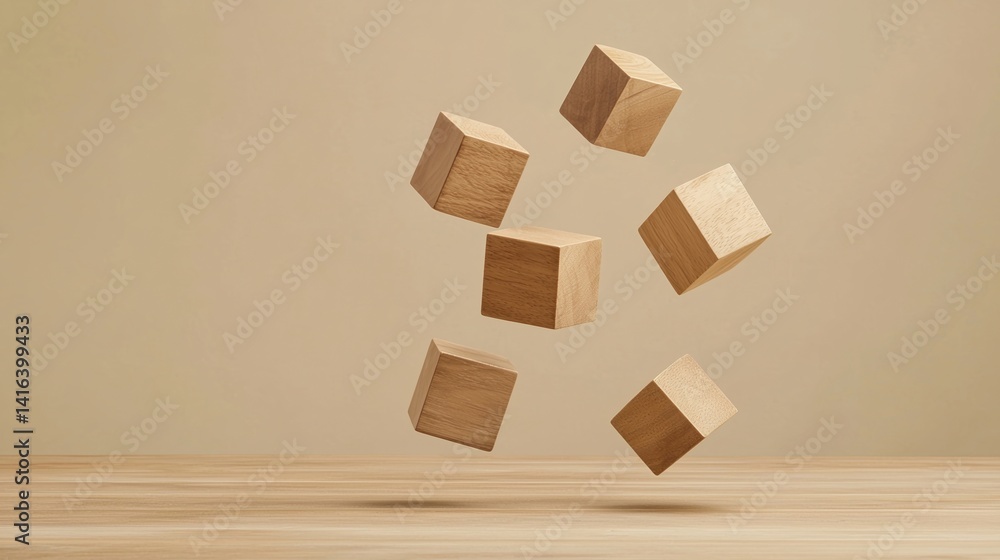 Poster a minimalistic image featuring wooden cubes appearing to float against a neutral background, creatin