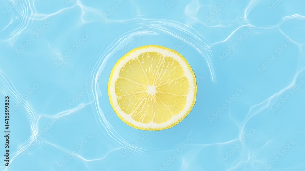 Poster a vibrant slice of lemon floating in clear blue water, creating a refreshing and summer-like atmosph