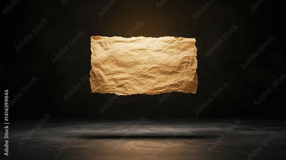 Poster a floating, crumpled piece of parchment illuminated against a dark background, creating a dramatic a