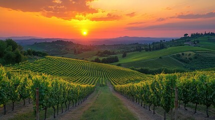 Naklejka premium Tuscan Vineyard Sunset: A breathtaking panorama of rolling hills, vineyards bathed in the golden light of sunset, creating a picturesque scene of serenity and natural beauty.