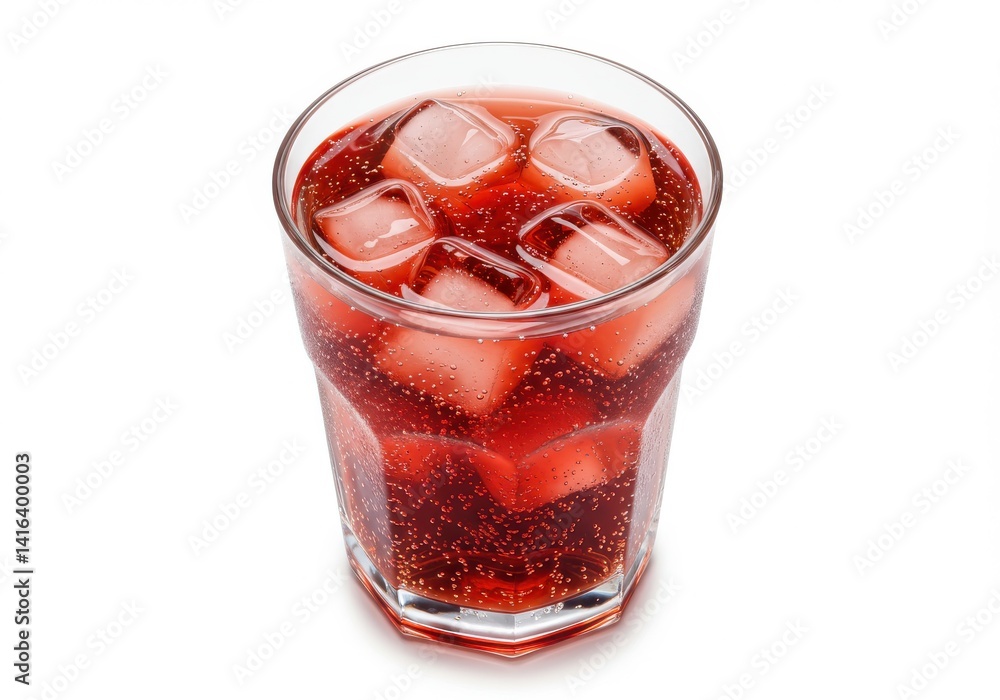 Poster a glass filled with a red liquid and ice cubes sits on a white surface in a studio setting close up 