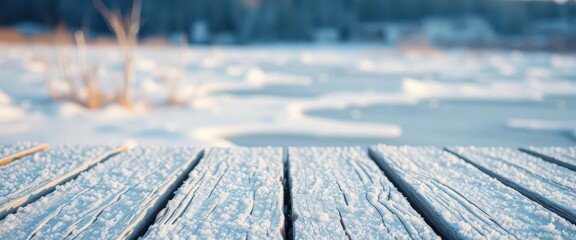 Frost-covered white wood planks against a blurry icy landscape, peaceful, snow, wood
