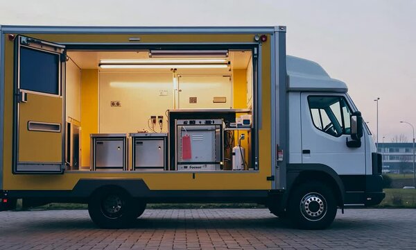 Mobile kitchen truck parked in an urban setting, showcasing bright interior and cooking equipment