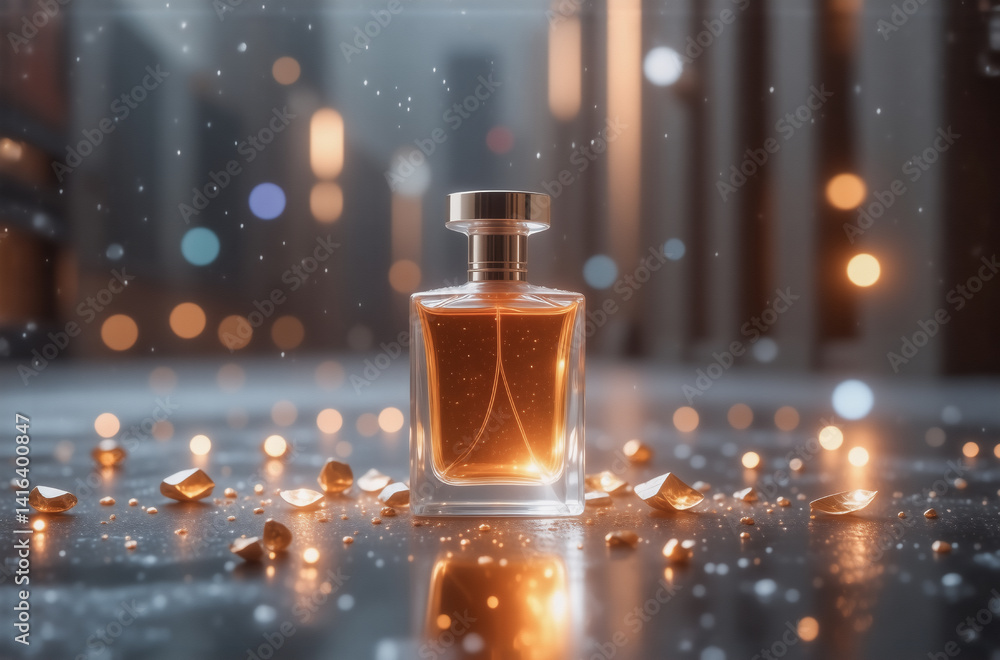 Poster a luxurious perfume bottle sits on a reflective surface, adorned with golden accents. a blurred city