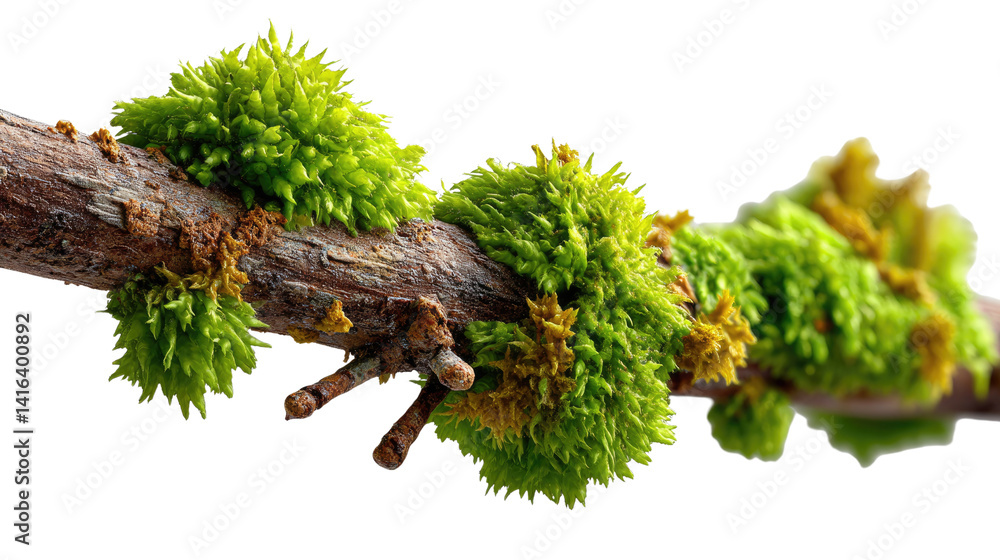 Poster moss on branch: close-up view of vibrant green moss growing on a weathered tree branch, showcasing t