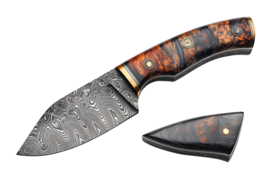 Exquisite Damascus Steel Hunting Knife with Striking Stabilized Wood Handle showcasing intricate pattern welded blade and elegant sheath on transparent background