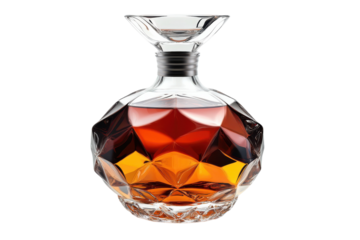 Exquisite amber cognac in a faceted crystal decanter a luxurious drink for special occasions Black background enhances its rich color and on transparent background
