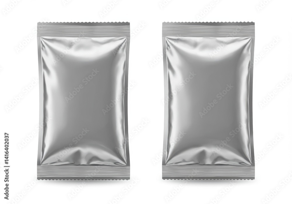 Poster two silver foil packets are displayed on a white background with a reflective and glossy surface loo