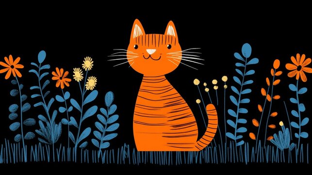 Pixelated feline fantasy enchanting digital illustration of a whimsical tiger cat amidst blooming botanical garden charm artful rendering unique decorative style