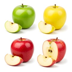 A clean composition featuring four apples, each with one whole apple and one sliced piece beside it. Arranged symmetrically against a plain white background.