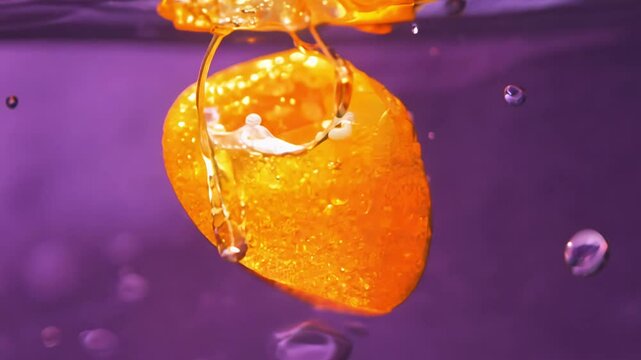 Super slow motion video of falling orange sunstone into water, isolated on purple background, warm glow and shimmering effect