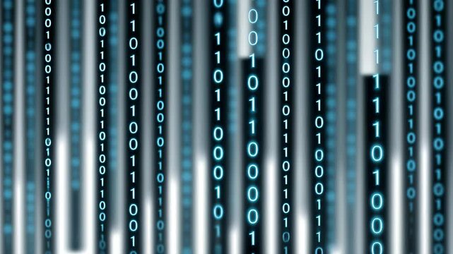 Columns of glowing blue binary code cascade down a dark background, representing the flow of digital information.
