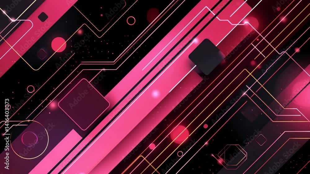 Poster geometric shapes and glowing circuit lines in shades of pink and red intersect dynamically against a