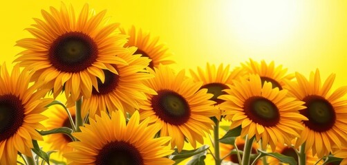 Fototapeta premium Vibrant sunflowers bloom against a sunny yellow backdrop, flowers, yellow background, energy