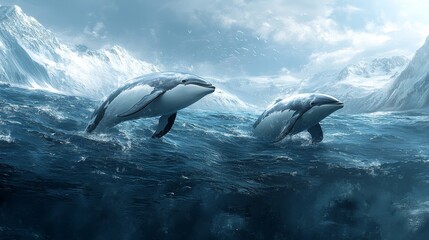 Naklejka premium Majestic orcas breach icy waters against a backdrop of snow-capped mountains evoking a sense of awe and the raw beauty of polar ecosystems and marine wildlife