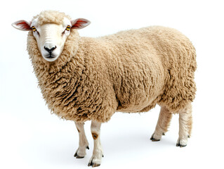 Fototapeta premium A horned sheep, a woolly mammal, stands on a clean white background