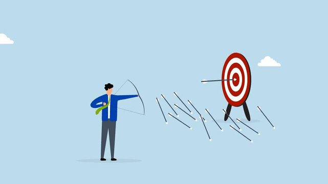 Practice develop success, 4k animation of businessman practicing archery with mistakes until success.