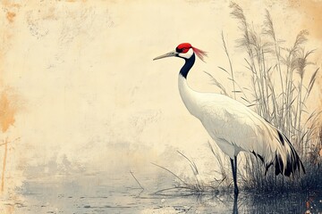 An artistic illustration of a graceful crane beside serene water
