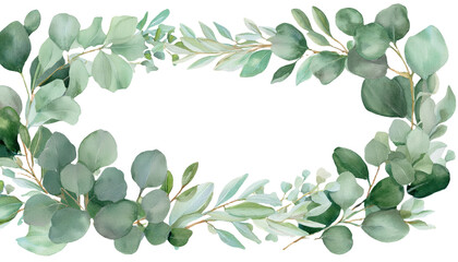 Obraz premium Eucalyptus watercolor illustration Set of trendy greenery frames Sage green border Elegant foliage design for wedding, card, invitation, greeting on transparent background 