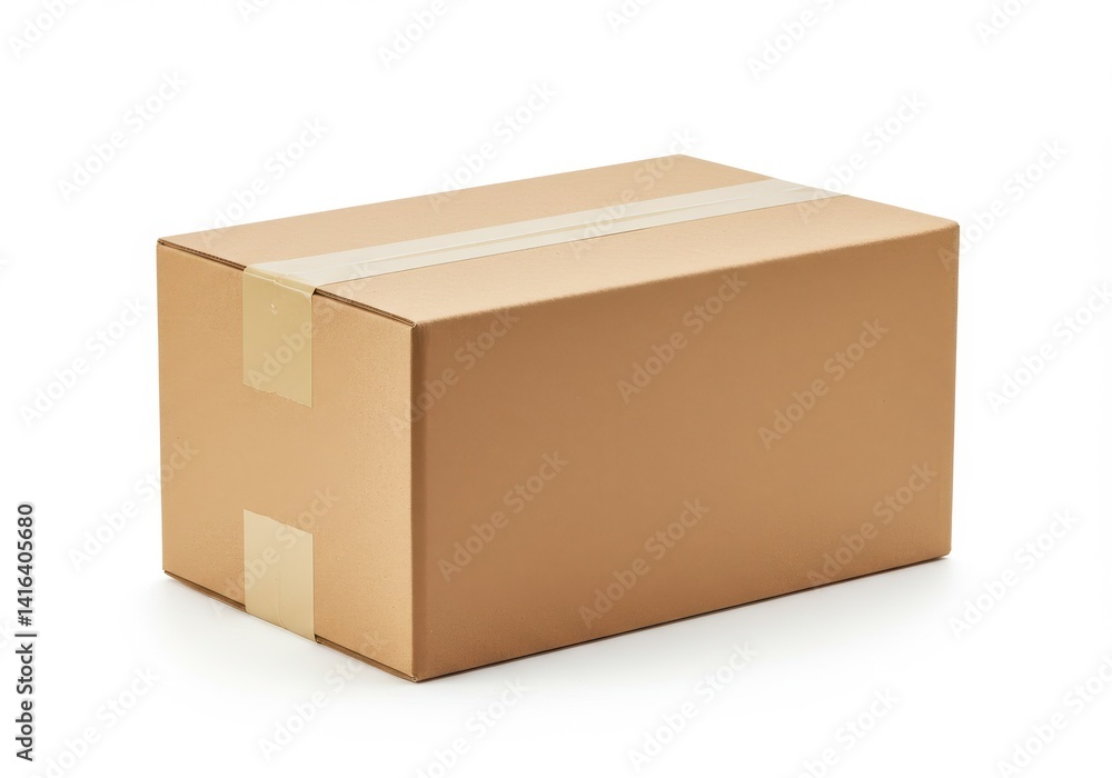 Poster a simple view of a rectangular brown cardboard box sealed with tape on a plain white background spac