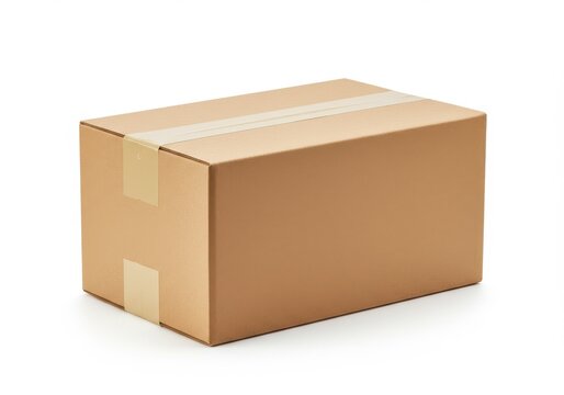 A simple view of a rectangular brown cardboard box sealed with tape on a plain white background space