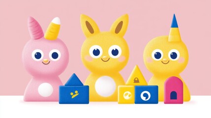 Fototapeta premium Pastel Hues of Playful Plush Animal Toys Arranged With Building Blocks Promoting Child Development Creative Learning Activities and Imagination Playtime Scenes