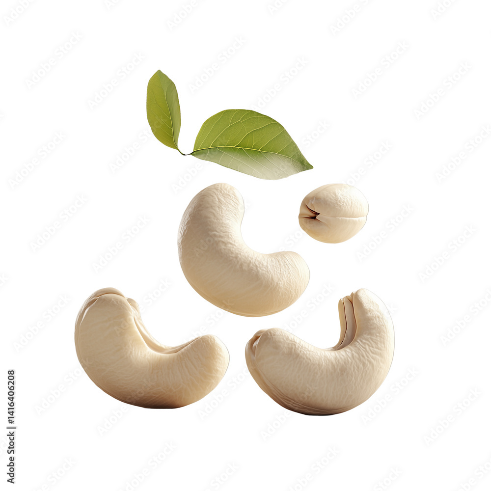 Poster cashew nuts arranged artistically with a green leaf, highlighting their unique shape and texture iso