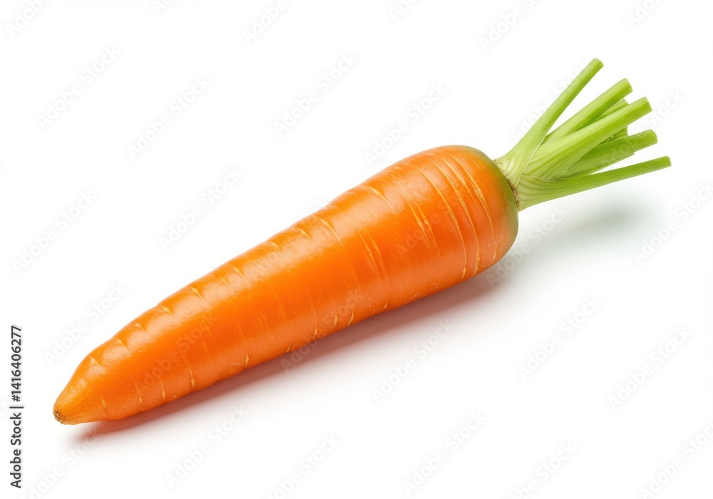 Poster a single carrot with green stems lying on a white surface in a studio shot with soft shadows cast