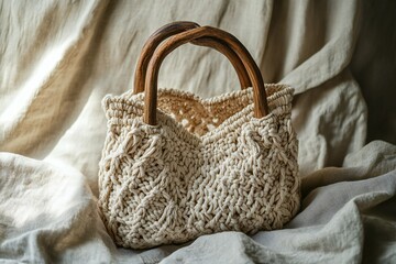 A handmade macram&eacute; handbag with wooden handles, resting on a rustic linen cloth, bohemian chic style,  created by ai