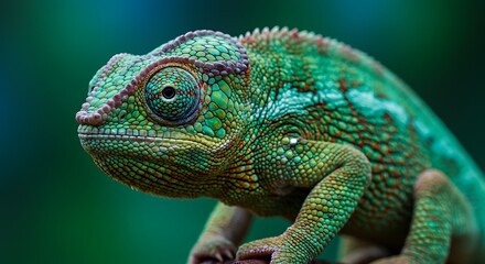 Fototapeta premium Closeup of Chameleon with Green Scales on Dark Green Background