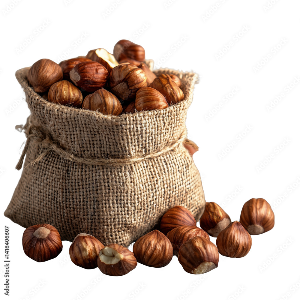 Poster a burlap sack filled with hazelnuts, surrounded by scattered nuts highlighting the texture and natur