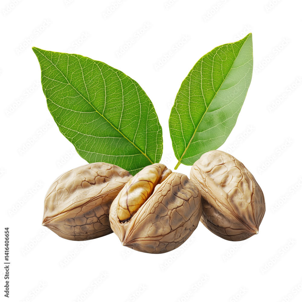 Poster three open nuts with yellow seeds nestled between green leaves highlighting natural textures and col