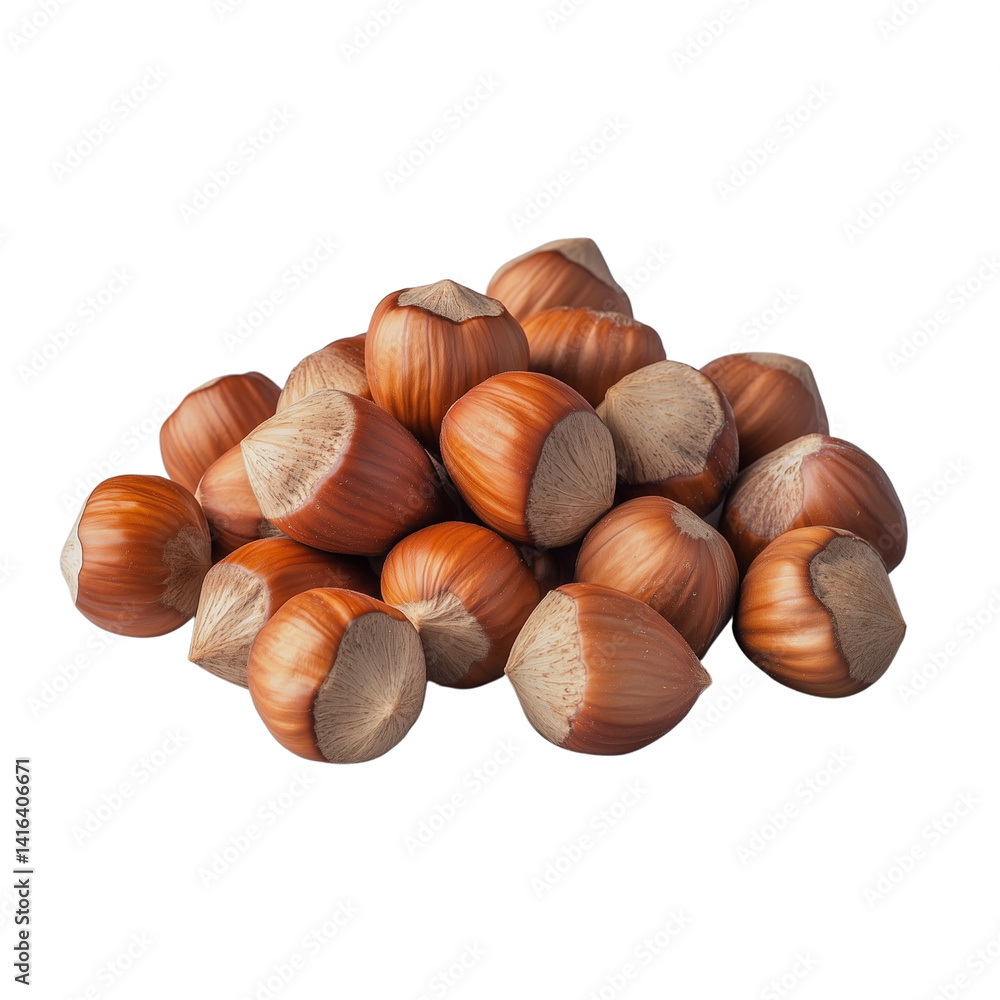 Poster a pile of unpeeled hazelnuts with a shiny, brown exterior, showcasing their distinctive shape and te