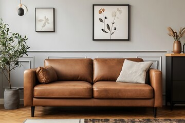 Elegant Living Brown Leather Sofa, Decorative Cushions, Interior Design, Cozy Home Decor