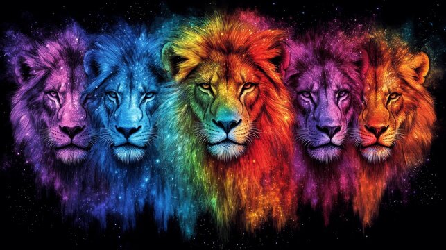 Illustrative spectacle of fantastical rainbow lions with cosmic dust on black backdrop enhancing mystical and majestic feline quintet appeal to nature lovers