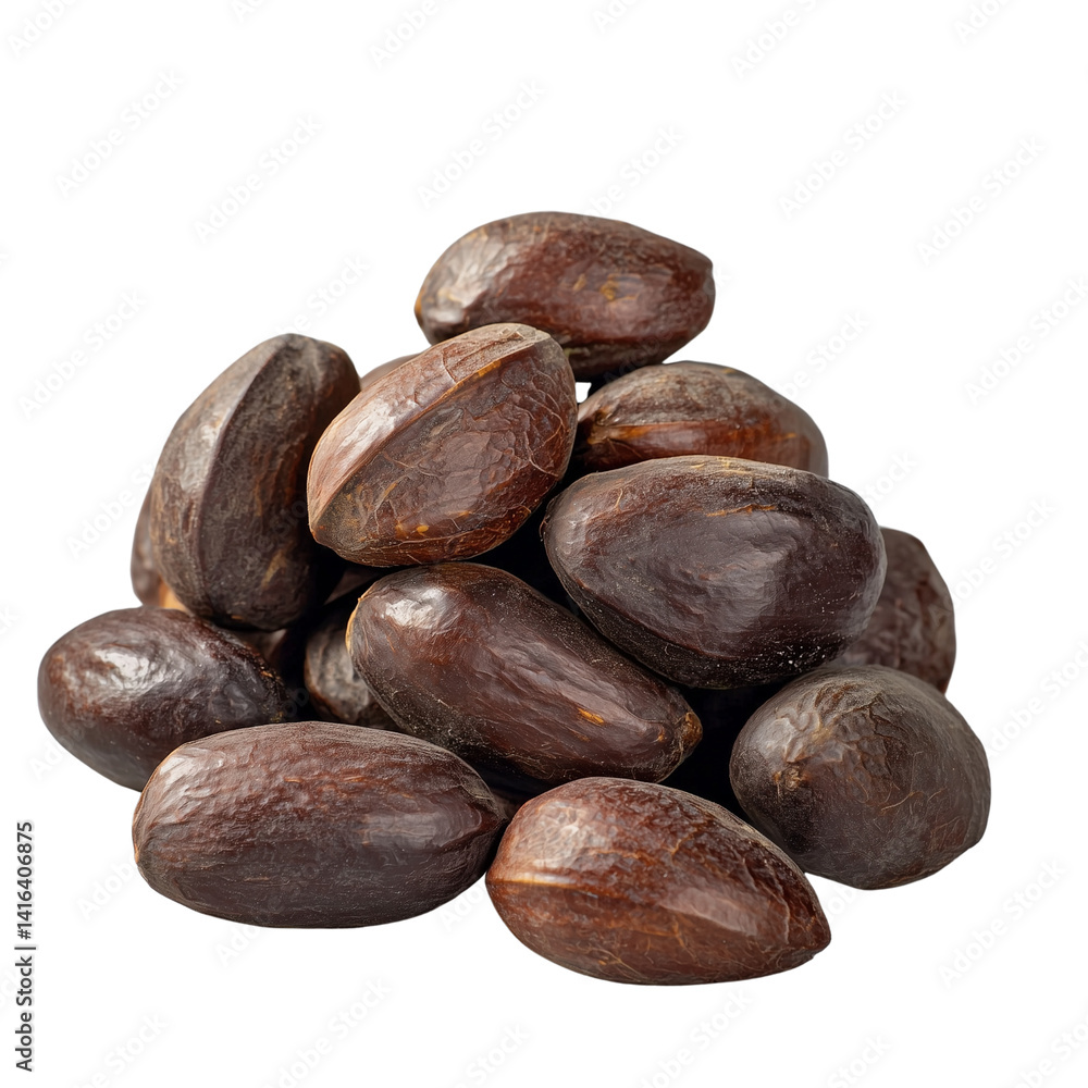 Poster a cluster of dark, textured seeds showcasing their unique shape and natural patterns. isolated on wh