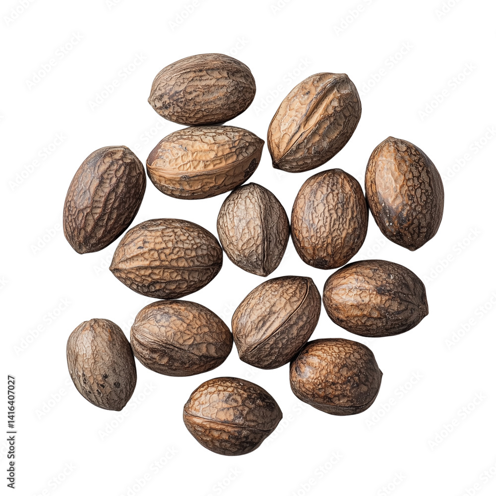 Poster a collection of textured nuts arranged showcasing their natural patterns and colors. isolated on whi