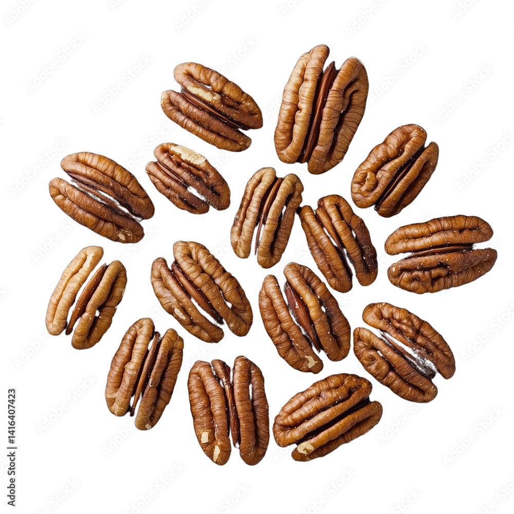 Poster pecans arranged in a circular pattern showcasing their rich texture and natural color. isolated on w