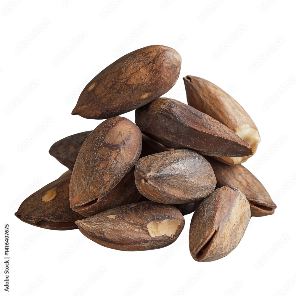 Poster a close-up of dark, baru almonds piled together showcasing their textured surfaces and unique shapes