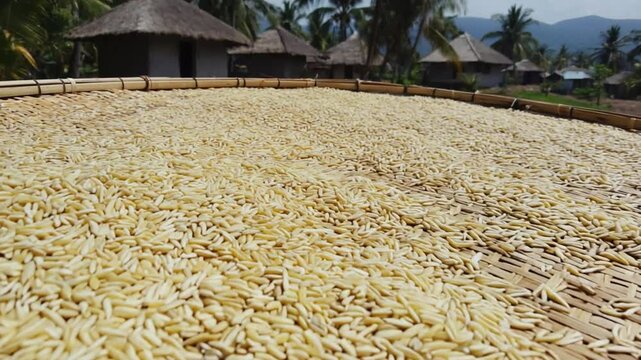 Sun-Dried Turmeric Roots on Bamboo Mat, Rural Indonesian Village