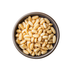 Bowl of raw pine nuts showcasing their smooth texture and pale color, ideal for culinary use. isolated on white background and transparent background