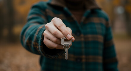 Fototapeta premium Man Holding House Key in Hand with Green and Brown Flannel Shirt in Natural Autumn Outdoor Background