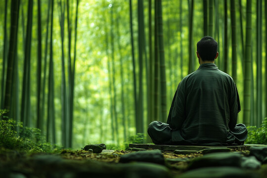 Individual Contemplating in Lush Greenery